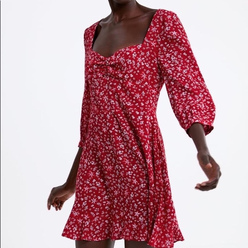Zara Long Sleeve Red Floral Mini Dress - Size M